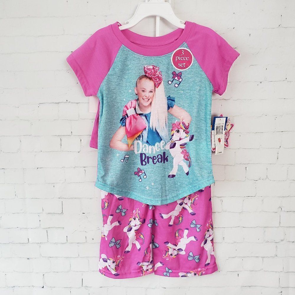 Jo Jo Siwa Pajama Set 3 Piece Top Pants Shorts Pink Girls Size 4 Nickelodeon NEW